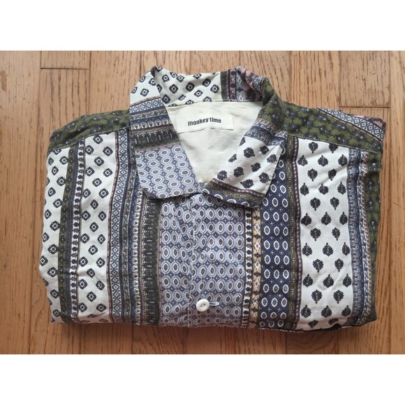 United Arrows Monkey Time Men's M Short Sleeve Button Up Shirt Ethnic Pattern - Picture 8 of 8